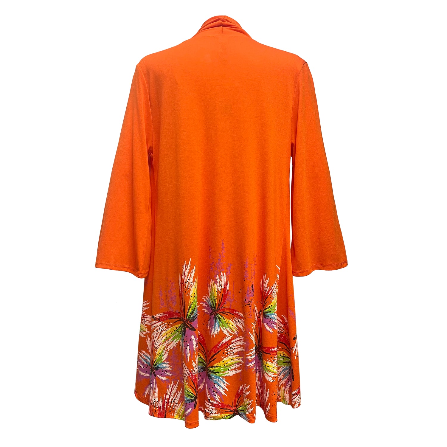 Orange cardigan with colorful butterfly pattern on an orange background