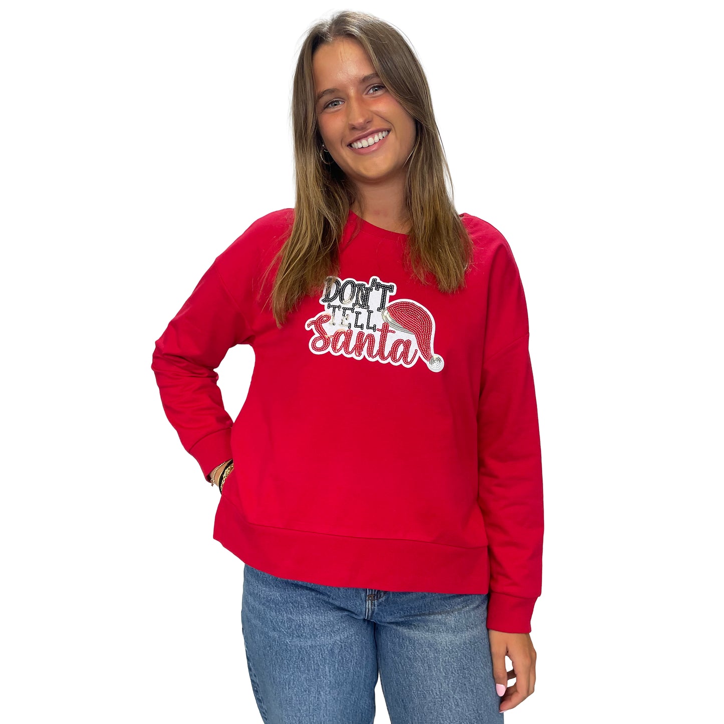 Don't Tell Santa Sequin Boxy Crew