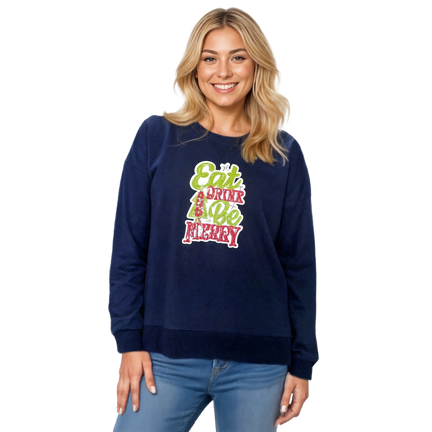 Eat Drink & Be Merry Sequin Boxy Crew