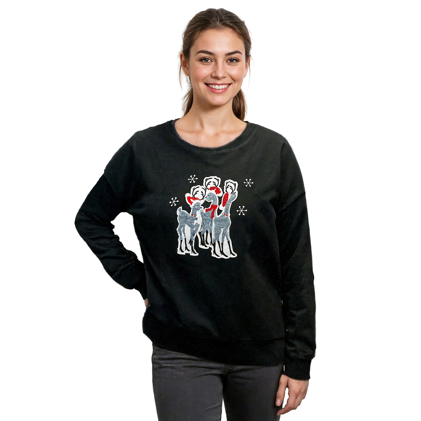 Santa Deer Chenille Patch Black Boxy Crew