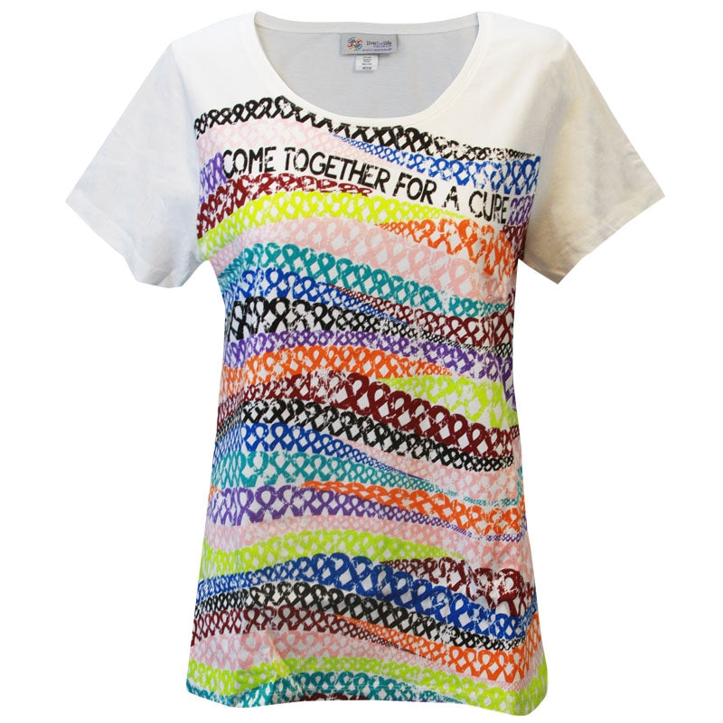 Women's 'Ribbon Hills' Cancer Awareness T-Shirt, Printed on White, by Live For Life Hope For All®