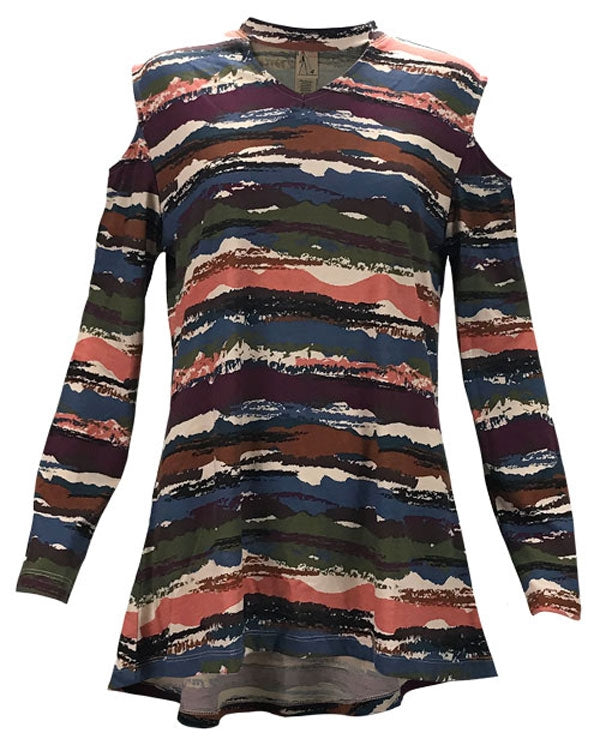 Abstract Horizon Cold Shoulder Choker Collar Tunic Top, by A Walk In The Park®