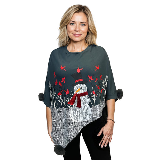 Cardinal Snowman Knit Poncho