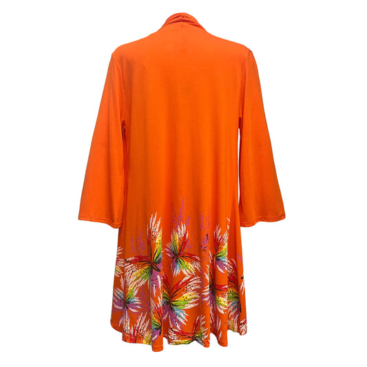 Orange cardigan with colorful butterfly pattern on an orange background