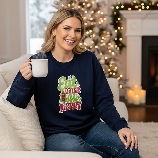 Eat Drink & Be Merry Sequin Boxy Crew