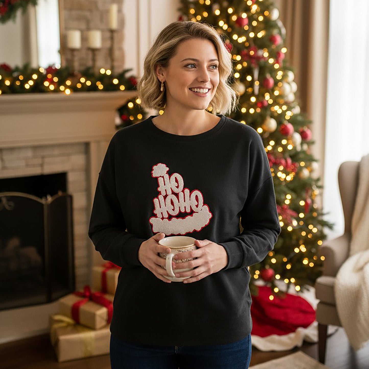 Ho Ho Hat Chenille Patch Black Boxy Crew