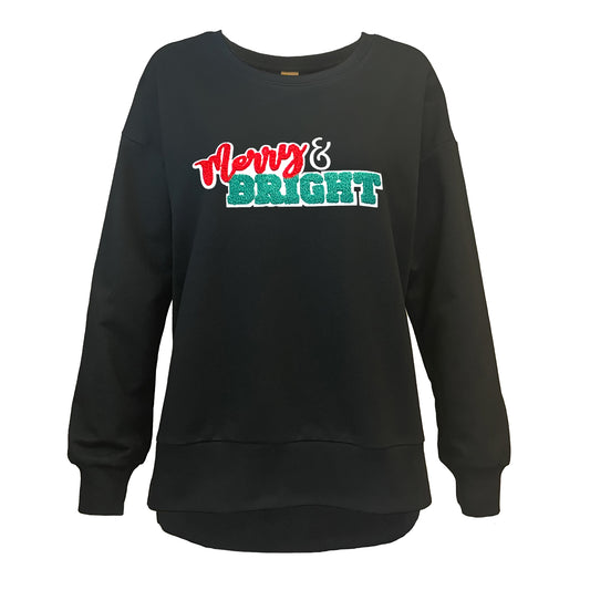 Merry & Bright Chenille Patch Black Boxy Crew