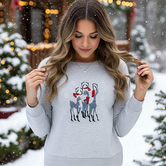 Santa Deer Chenille Patch Lt Steel Boxy Crew