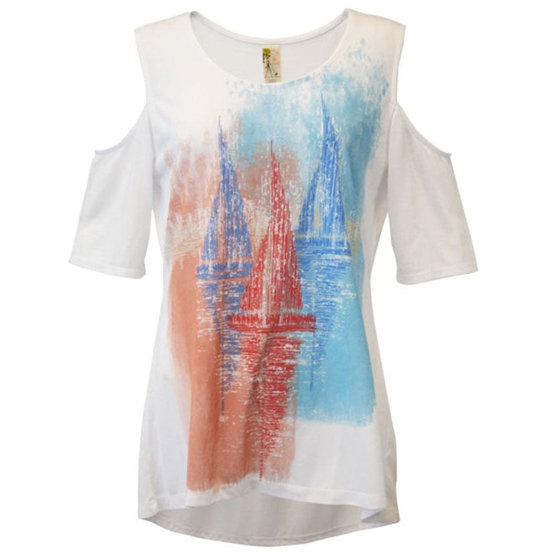 Sailboats Cold Shoulder Tunic Top, by A Walk In The Park®