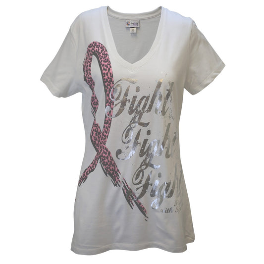 Women's 'Leopard Ribbon Fight' Breast Cancer V-Neck T-Shirt, Printed on White, by Live For Life Hope For All®