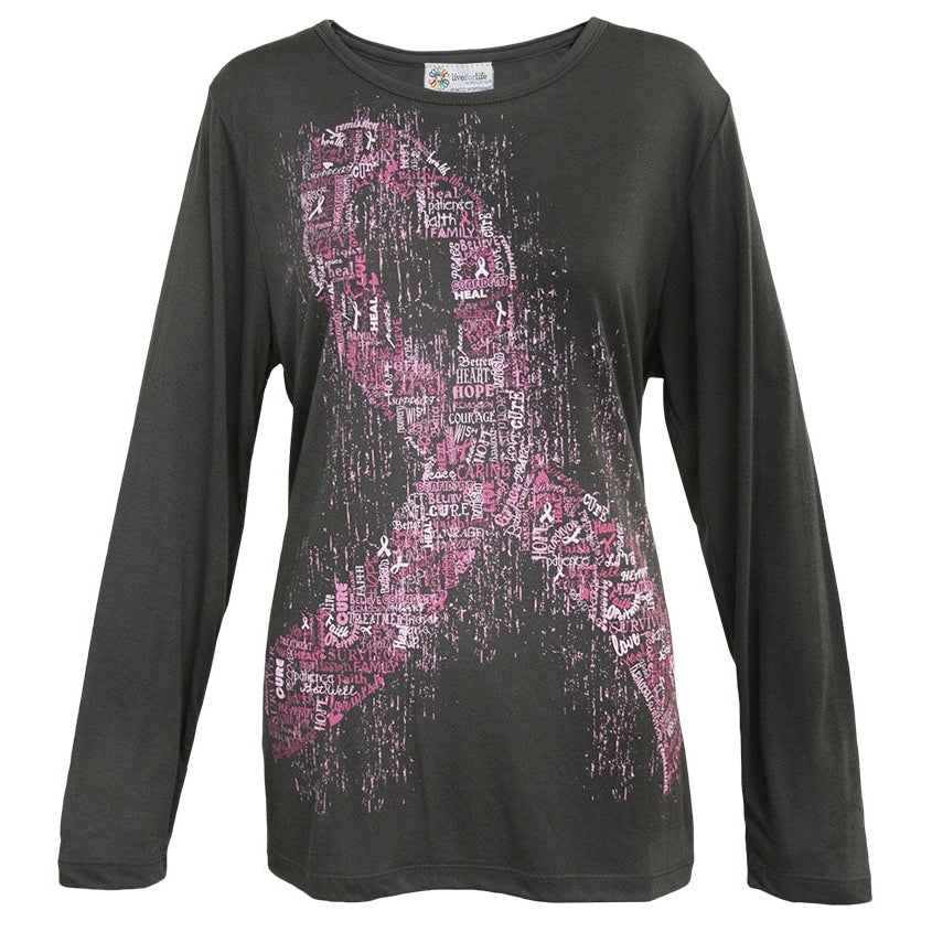 'Word Ribbon' Women's Breast Cancer Long Sleeve Cancer Awareness Shirt, by Live For Life Hope For All®