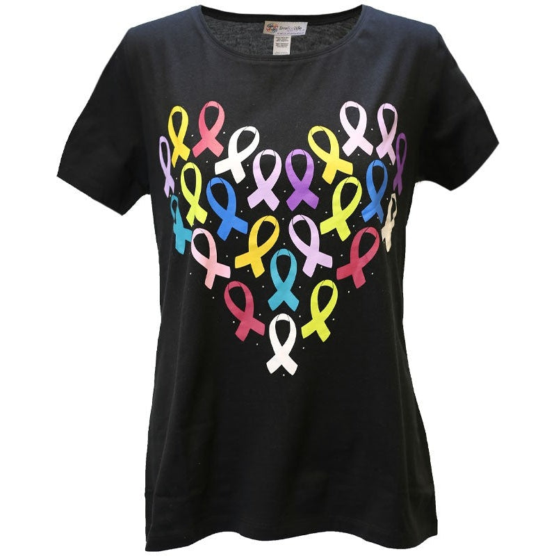 Women's 'Many Ribbons' Cancer Awareness T-Shirt, Printed on Black, by Live For Life Hope For All®