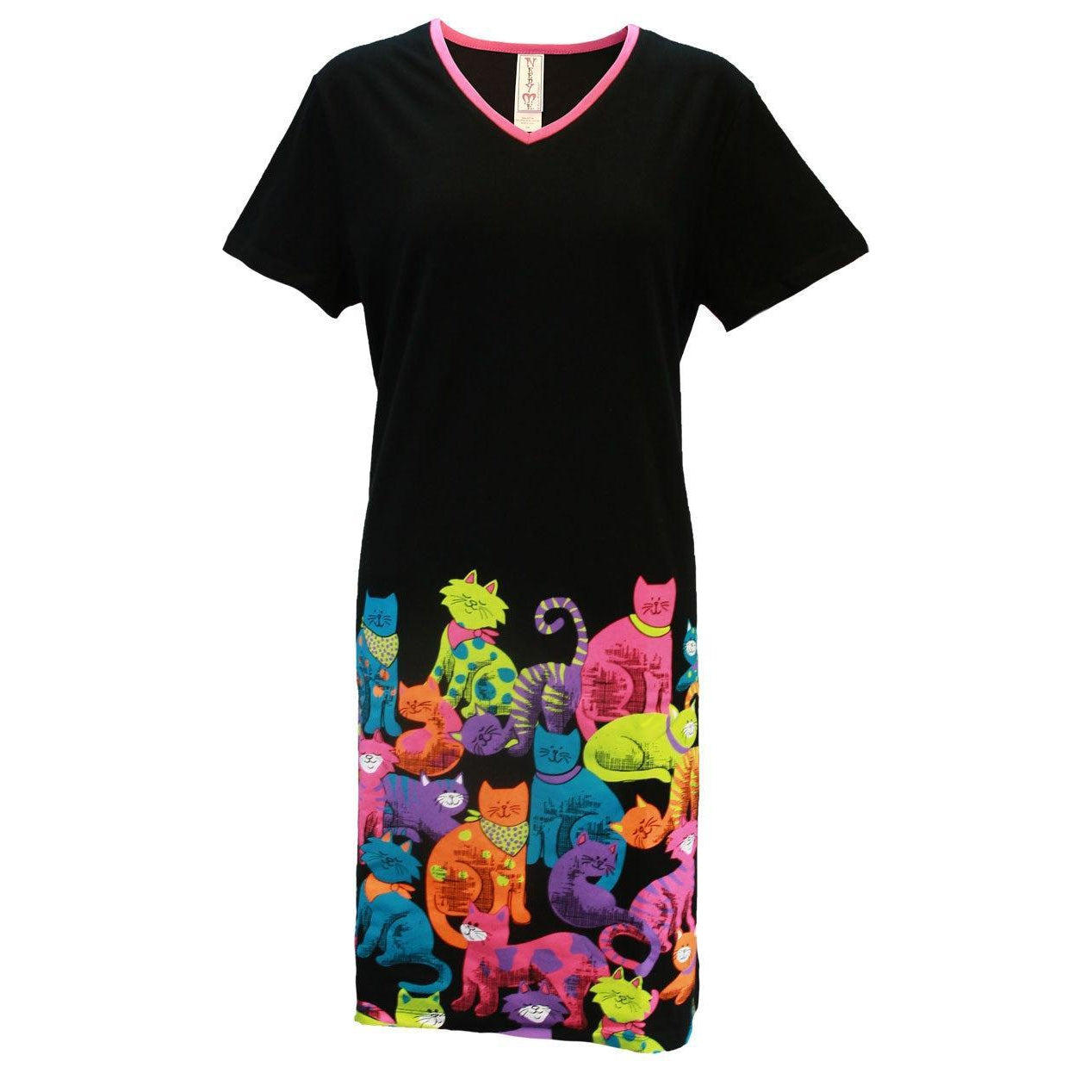 Women's 'Cat Club' V-Neck Sleep Shirt Nightgown, by Needy Me Sleepwear®
